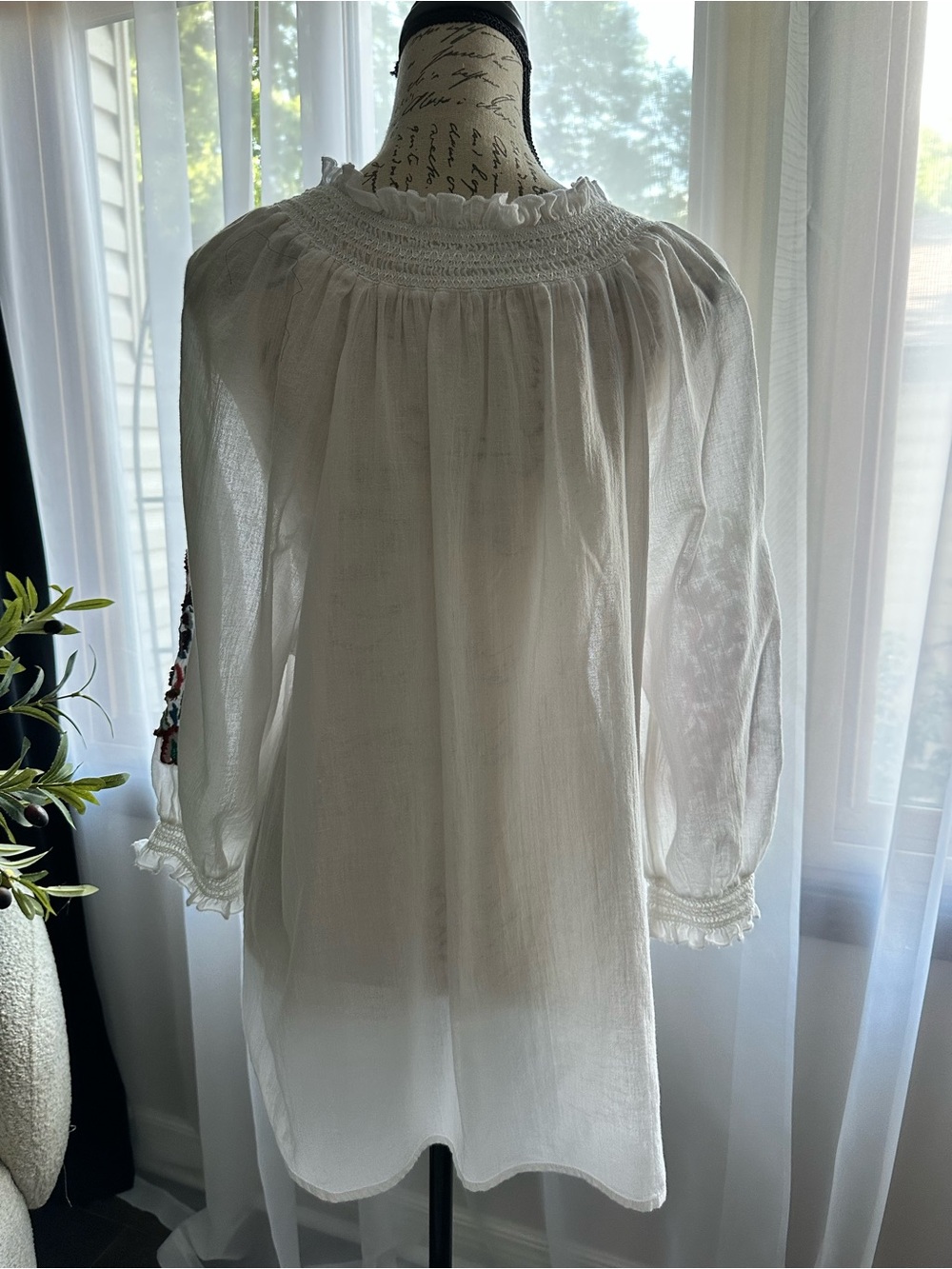Sundance White Embroidered Peasant Blouse with Multicolor Floral Detail - Picture 3 of 10